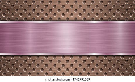 Background of bronze perforated metallic surface with holes and horizontal purple polished plate with a metal texture, glares and shiny edges