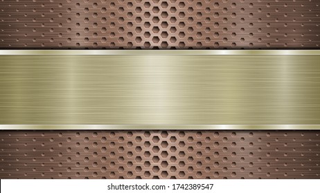 Hintergrund der gelochten metallischen Oberfläche aus Bronze mit Löchern und horizontal goldpolierter Platte mit Metallstruktur, Glares und glänzenden Kanten