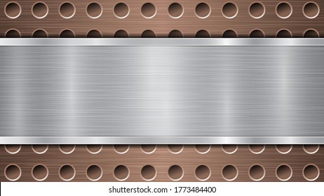 Fondo de la superficie metálica perforada de bronce con agujeros y placa horizontal pulida de plata con textura metálica, glares y bordes brillantes