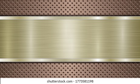 Background of bronze perforated metallic surface with holes and horizontal golden polished plate with a metal texture, glares and shiny edges