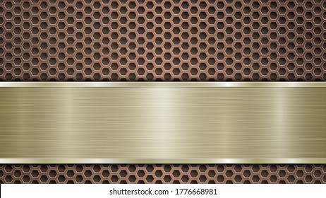 Background of bronze perforated metallic surface with holes and horizontal golden polished plate with a metal texture, glares and shiny edges
