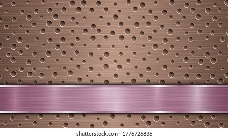 Fondo de superficie metálica perforada de bronce con agujeros y placa horizontal pulida púrpura con textura metálica, resplandor y bordes brillantes