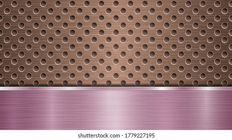Background of bronze perforated metallic surface with holes and horizontal purple polished plate with a metal texture, glares and shiny edges