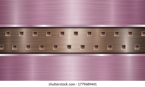 Hintergrund der gelochten metallischen Bronzeloberfläche mit Löchern und zwei horizontalen violetten Platten mit einer Metallstruktur, Glasseisen und glänzenden Kanten