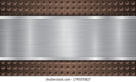 Background of bronze perforated metallic surface with holes and horizontal silver polished plate with a metal texture, glares and shiny edges