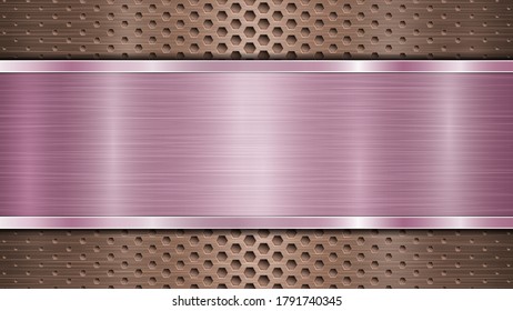 Fondo de superficie metálica perforada de bronce con agujeros y placa horizontal pulida púrpura con textura metálica, resplandor y bordes brillantes