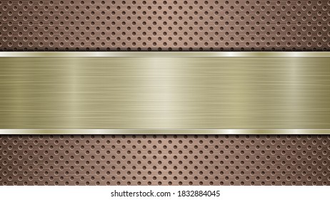Fondo de superficie metálica perforada de bronce con agujeros y placa horizontal pulida dorada con textura metálica, glares y bordes brillantes