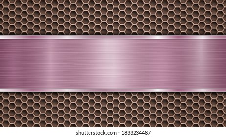 Background of bronze perforated metallic surface with holes and horizontal purple polished plate with a metal texture, glares and shiny edges