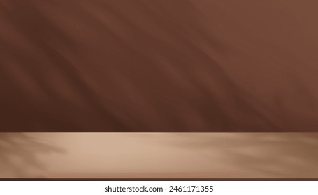 Background Brown Bronze Studio Podium with shadow leaves on Beige floor.Autumn or Fall Backdrop Display Room with Top Stand,Minimal Scene Cosmetic product present in Winter 