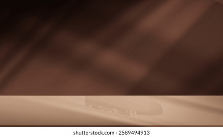 Background brown chocolate color.Studio background of shadow,light on 3d podium for product design,Autumn Abstract background texture of window light effect on wall and floor.Vector for Easter display