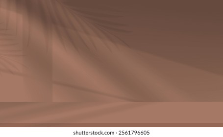 Background Brown Kitchen interior room with light,palm leaves shadow on Mocha Mousse Wall,Studio with shadow from window effect on empty podium display for Product present in Winter,Spring 