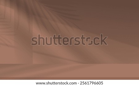 Background Brown Kitchen interior room with light,palm leaves shadow on Mocha Mousse Wall,Studio with shadow from window effect on empty podium display for Product present in Winter,Spring 
