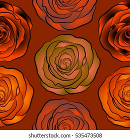 Background of a brown, orange and black painted roses. Vector floral seamless pattern.