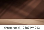 Background Brown Podium Studio With Kitchen Table, Wall Light,Autumn Fall Banner, Nature Texture And Leaves Backdrop, Concrete Product Gradient With Window Shadow For Cosmetic Display, Mockup And Presentation.