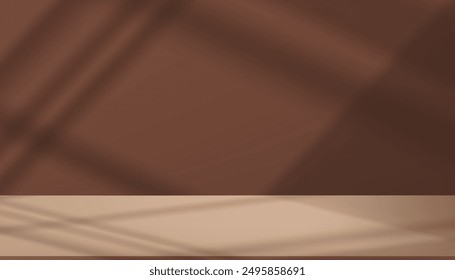 Background Brown Podium Studio With Kitchen Table, Wall Light,Autumn Fall Banner, Nature Texture And Leaves Backdrop, Concrete Product Gradient With Window Shadow For Cosmetic Display, Mockup And Presentation.