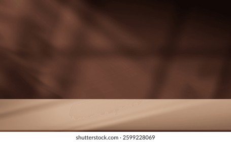 Background Brown Podium Studio With Kitchen Table, Wall Light,Autumn Fall Banner, Nature Texture And Leaves Backdrop, Concrete Product Gradient With Window Shadow For Cosmetic Display, Mockup And Presentation.