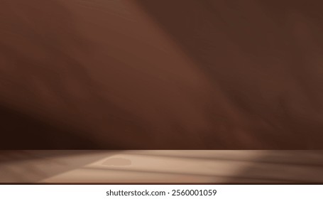 Background With Brown Wall, Studio Shadow And Light Scene, Abstract Floor, Autumn Table And Beige Concrete Texture, 3D Interior In Cream And Bronze Color For Winter Product Display And Design
