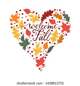 Background with the brush phrase welcome fall and leaves