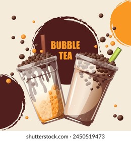 Fondo con té de burbujas. Té de burbujas con tapioca en tazas de plástico. Té Boba. Web Anuncio. Ilustración vectorial.