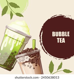  Background with bubble tea. Bubble tea with tapioca in plastic cups. Boba tea. Web banner. Vector illustration.