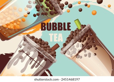 Fondo con té de burbujas. Té de burbujas con tapioca en tazas de plástico. Té Boba. Web Anuncio. Ilustración vectorial.	