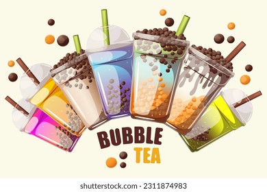 Background with bubble tea.Bubble tea with tapioca in plastic cups.Web banner.Vector illustration.