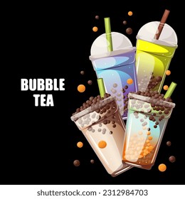 Background with bubble tea.Bubble tea with tapioca in plastic cups.Web banner.Vector illustration.