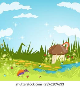 Background with bugs. fairytale shining landscape with green grass and bugs. vector template