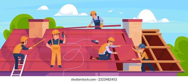 Background of builders replacing shingles on the house. Landscape view of a group of construction workers installing a new roof. Roofing and renovation of a building. Cartoon vector illustration.