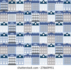 Background building seamless in retro style of ancient buildings in blue tones