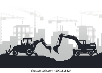 Background of buildings under construction and heavy machinery with silhouettes of backhoe and wheel excavator