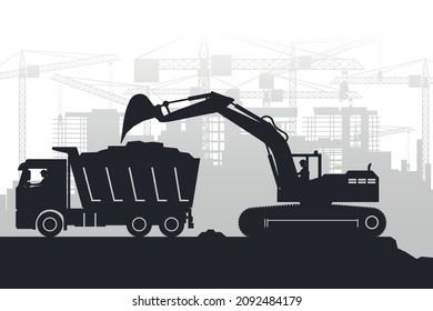 Background of buildings under construction with silhouettes of operators working with heavy machinery of excavators and trucks