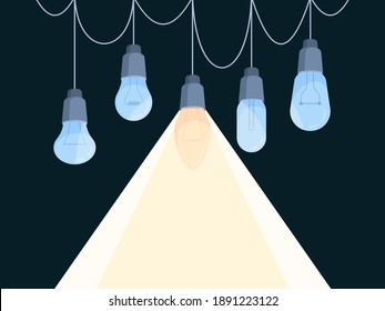 Background with bulbs. Glowing hanging light bulbs garish vector conceptual pictures idea visualisation