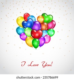 Background with bunch of colored balloons heart-shaped and inscription I Love You