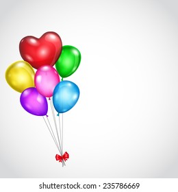 Background with bunch of colored balloons and red bow