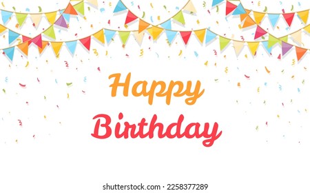 Background with bunting flags and confetti, happy birthday congratulation, vector eps10 illustration