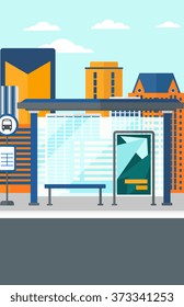 Background of bus stop with skyscrapers behind.