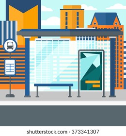 Background of bus stop with skyscrapers behind.
