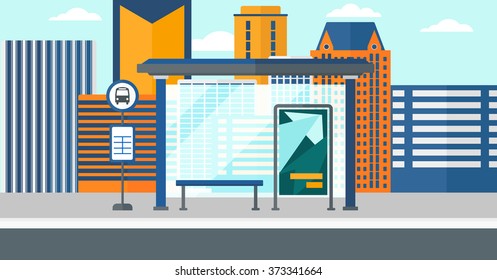 Background of bus stop with skyscrapers behind.
