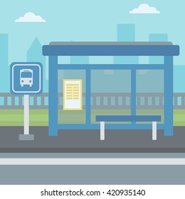 Background of bus stop with skyscrapers behind.