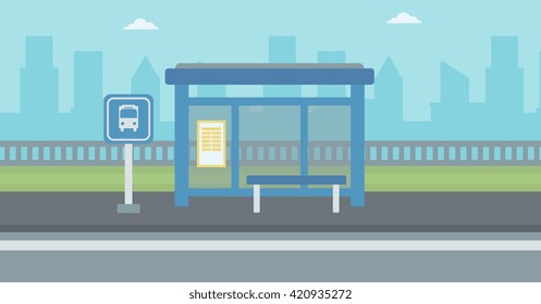 Background of bus stop with skyscrapers behind.