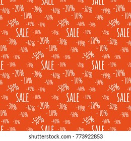 Background for business discounts. Pattern with percentages and text "sale". Isolated white texts on orange background. Eps 10