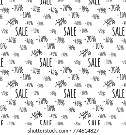 Background for business discounts. Pattern with percentages and text "sale". Isolated black texts on white background. Eps 10