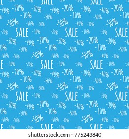 Background for business discounts. Pattern with percentages and text "sale". Isolated white texts on blue background. Eps 10