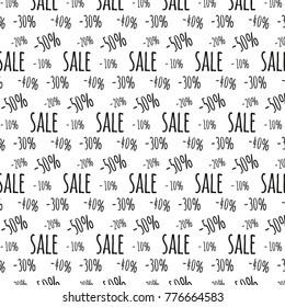 Background for business discounts. Pattern with percentages and text "sale". Isolated black texts on white background. Eps 10