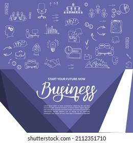 Background of business icons in Doodle style. Vector template of flyer or banner on the topic of collaboration, goal achievement, meetings, business ideas with the title lettering in very peri color.