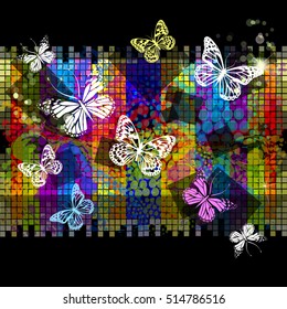 Background with butterflies and colorful squares. Vector