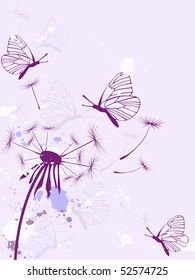 Background with butterflies, dandelion and blots