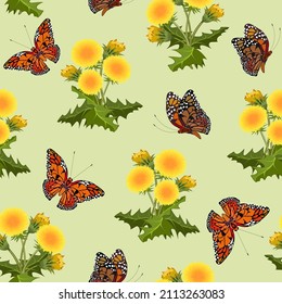 Background with butterflies and dandelions.Bouquets of yellow dandelions and bright butterflies in a color vector pattern.