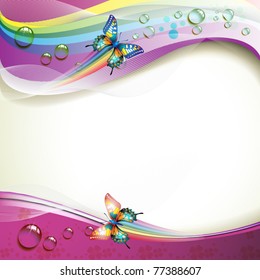 Background with butterflies and drops of water over rainbow